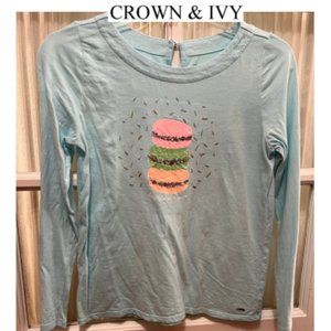 Crown & Ivy long-sleeve top; light blue; macaroons design; girls' size L